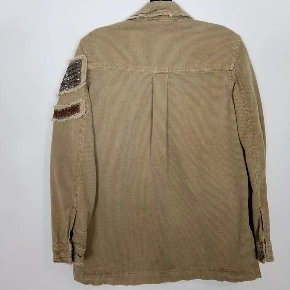 Free People Embellished Military Shirt Jacket Women Sz XS Beige Button Up Boho - Picture 7 of 13